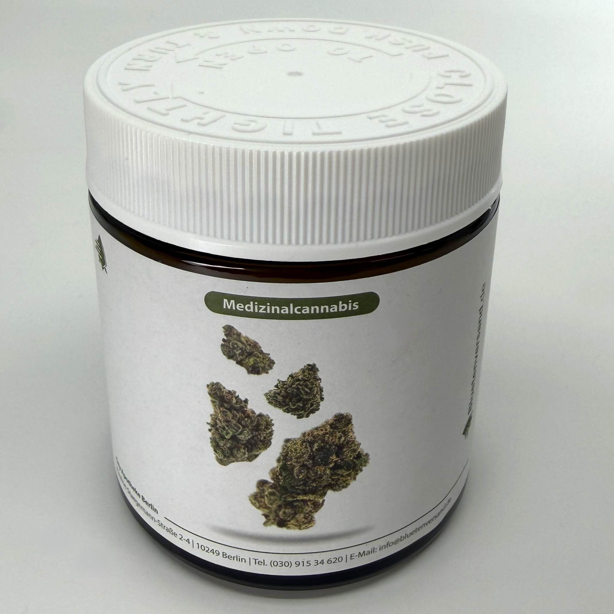 Bluetenversand.de Medizinalcannabis Braunglas klein Frontalansicht